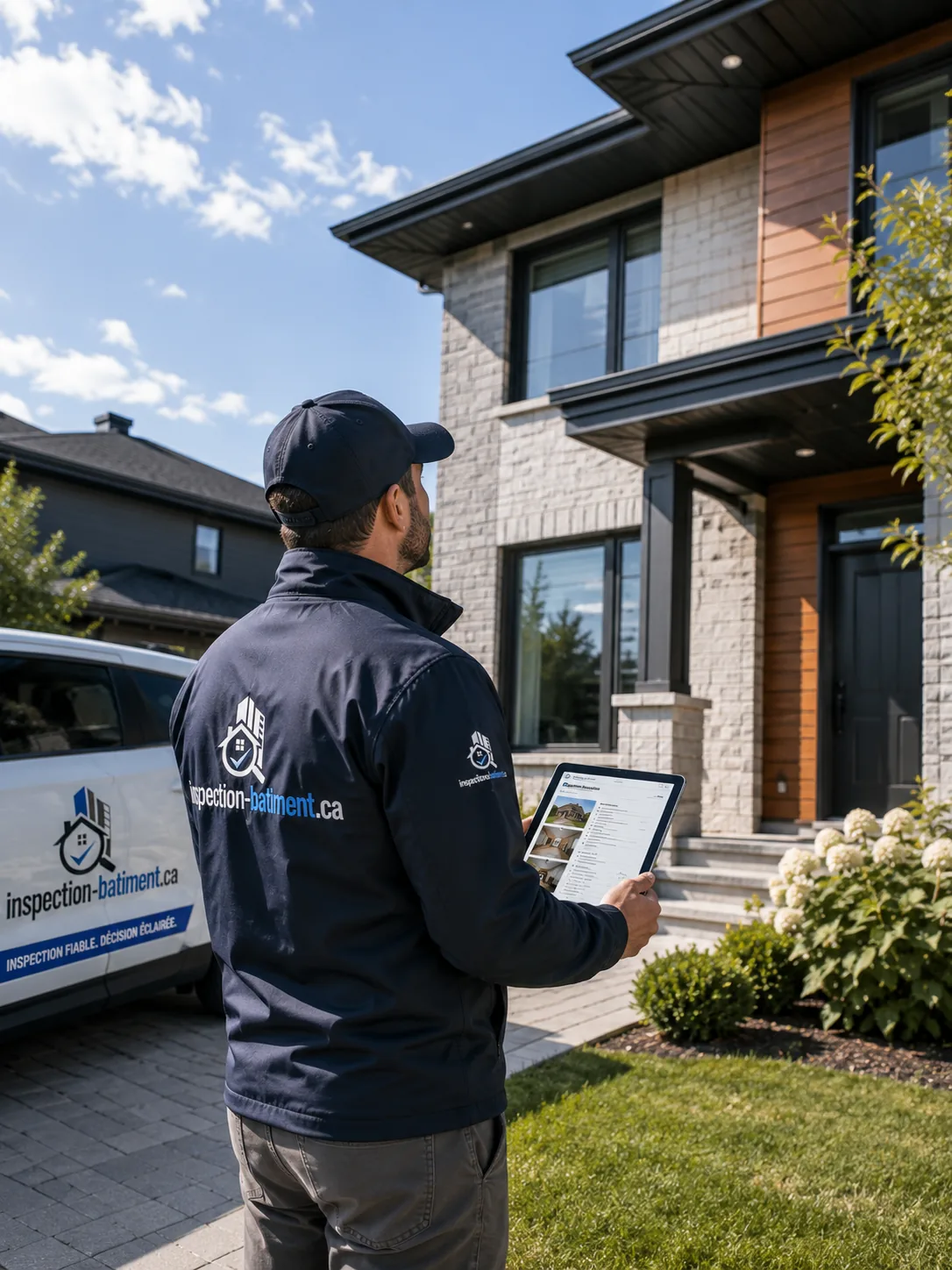 Inspecteur en bâtiment devant une maison, tablette en main